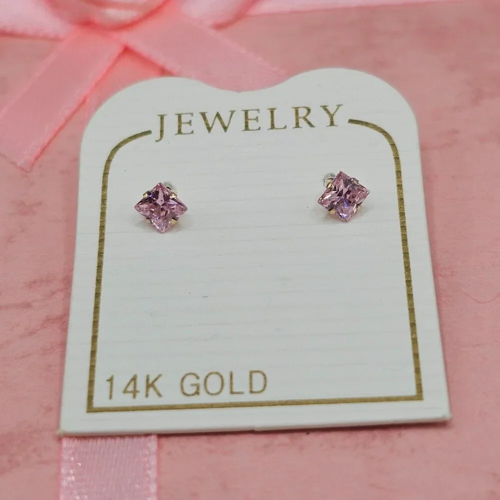 14 KT Italian Gold Light Pink Square CZ 3mm Screw Earrings